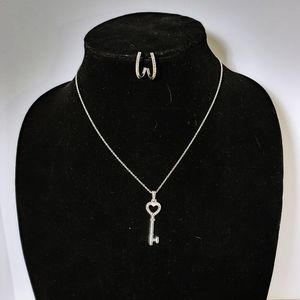 Heart Key Silver Tone Necklace + Earrings